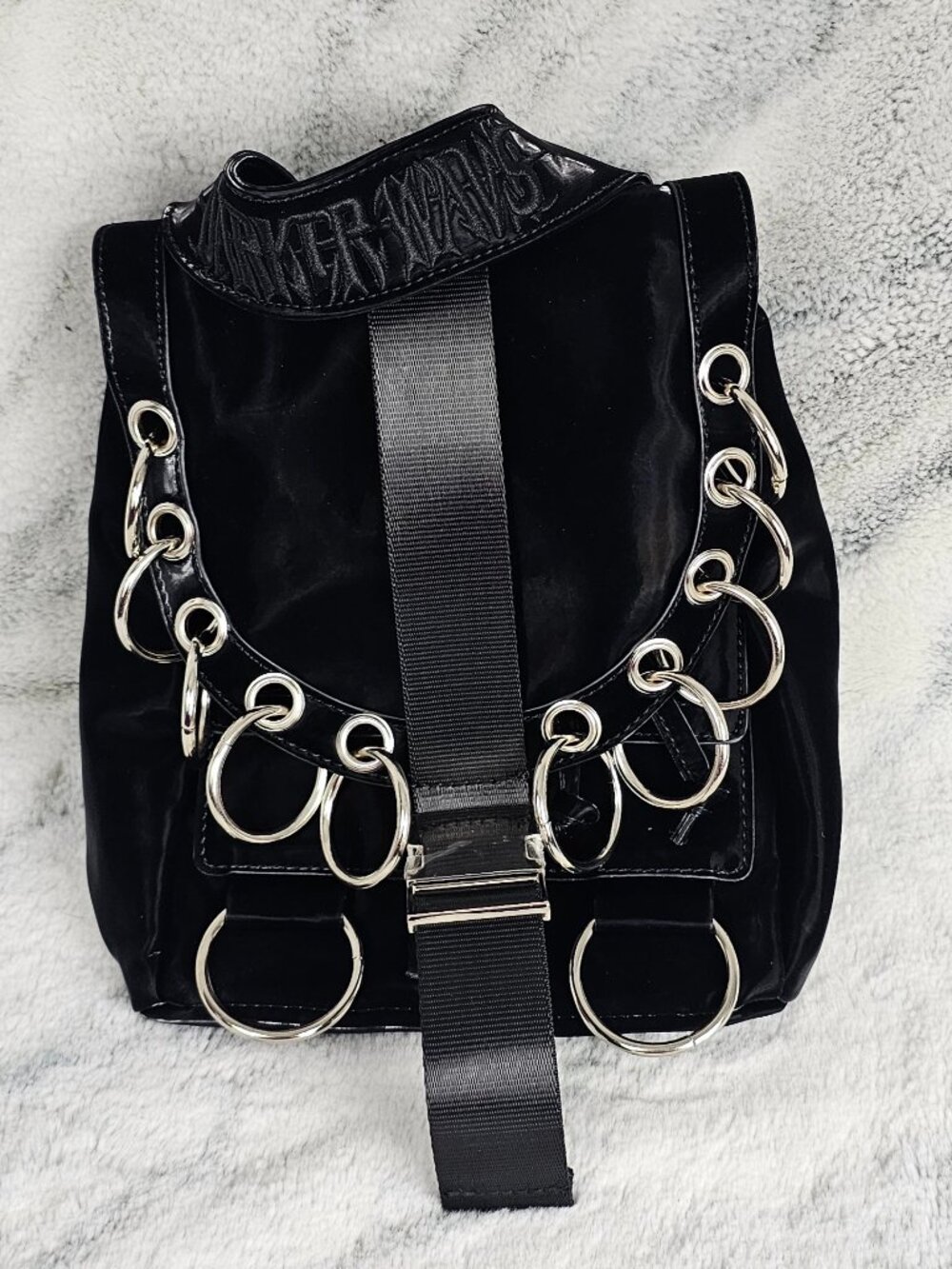 Darker Wavs Diatonic Liquid Velvet Backpack Shiny Black ORing Silver Hardware